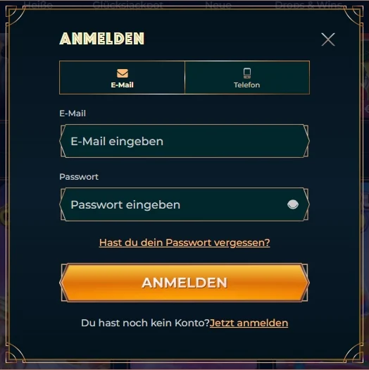 Monsterwin Anmeldeformular mit E-Mail-Adresse und Passwort