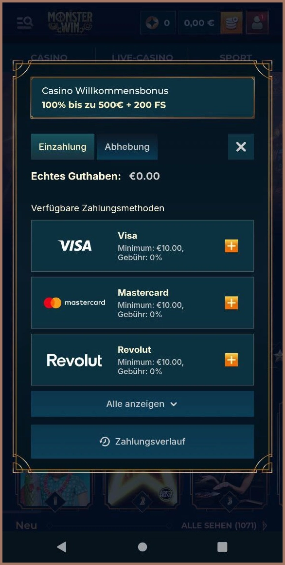 Einzahlungsoptionen bei Monsterwin